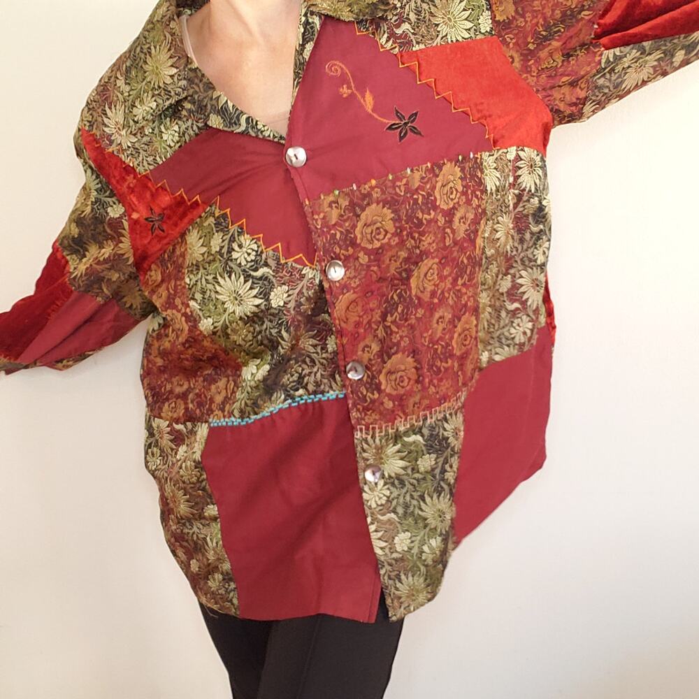 Vintage Boho NWOT TOTO n KO Mixed Media & Print Jacket Velvet Rayon Silk Size 2x - Picture 2 of 10